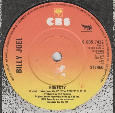 Billy Joel - Honesty - Used Vinyl Record 7 - 35 - F6999z