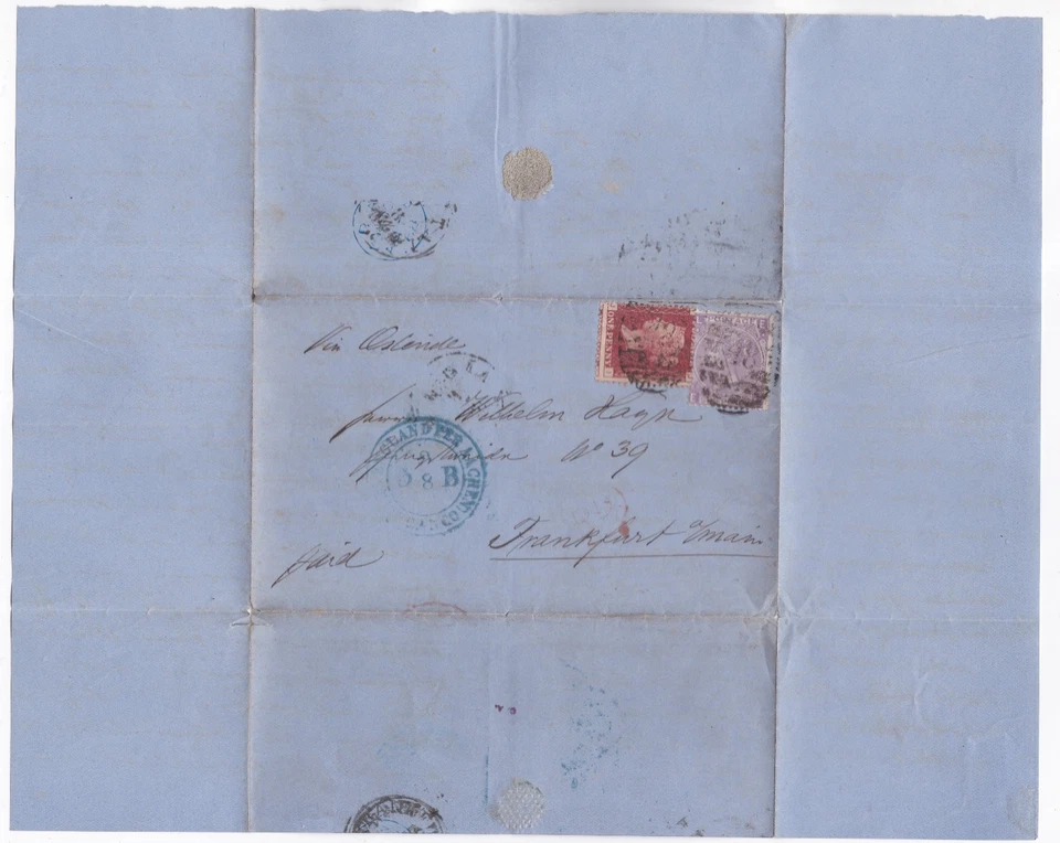 1868 QV FINE 1dRED PLUS 6d VIOLET STAMP PLATE6 ON LONDON WRAPPER TO FRANKFURT — 第 2/3 张图片