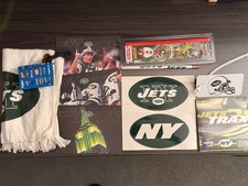 Collection of NY Jets Merch: Towel, Pics, Stickers, Luggage Tag, CD & Pencil