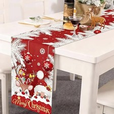 Red Santa and Deer Winter Snowflake Burlap Christmas Table Runner 13x72