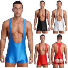 Mens Glossy Singlets Wrestling Bodysuit Racer-back Hollow-out Back Boxer Shorts