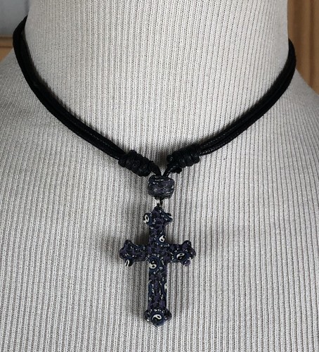 Cross Pendant Cord Chain Necklace 14-26” Choker Rubber/Nylon Black/Purple/White - Picture 3 of 5