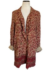 Free People Burgundy Coat Blazer Long size L Over Sized Linen Blend Rug Print
