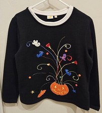 Vintage Woman's Embroidered Jack O'Lantern Pumpkin Black Sweatshirt Size Large