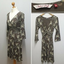 WHITE STUFF BROWN FLORAL SKATER WRAP DRESS SIZE 10 3/4 SLEEVE MIDI FIT FLARE