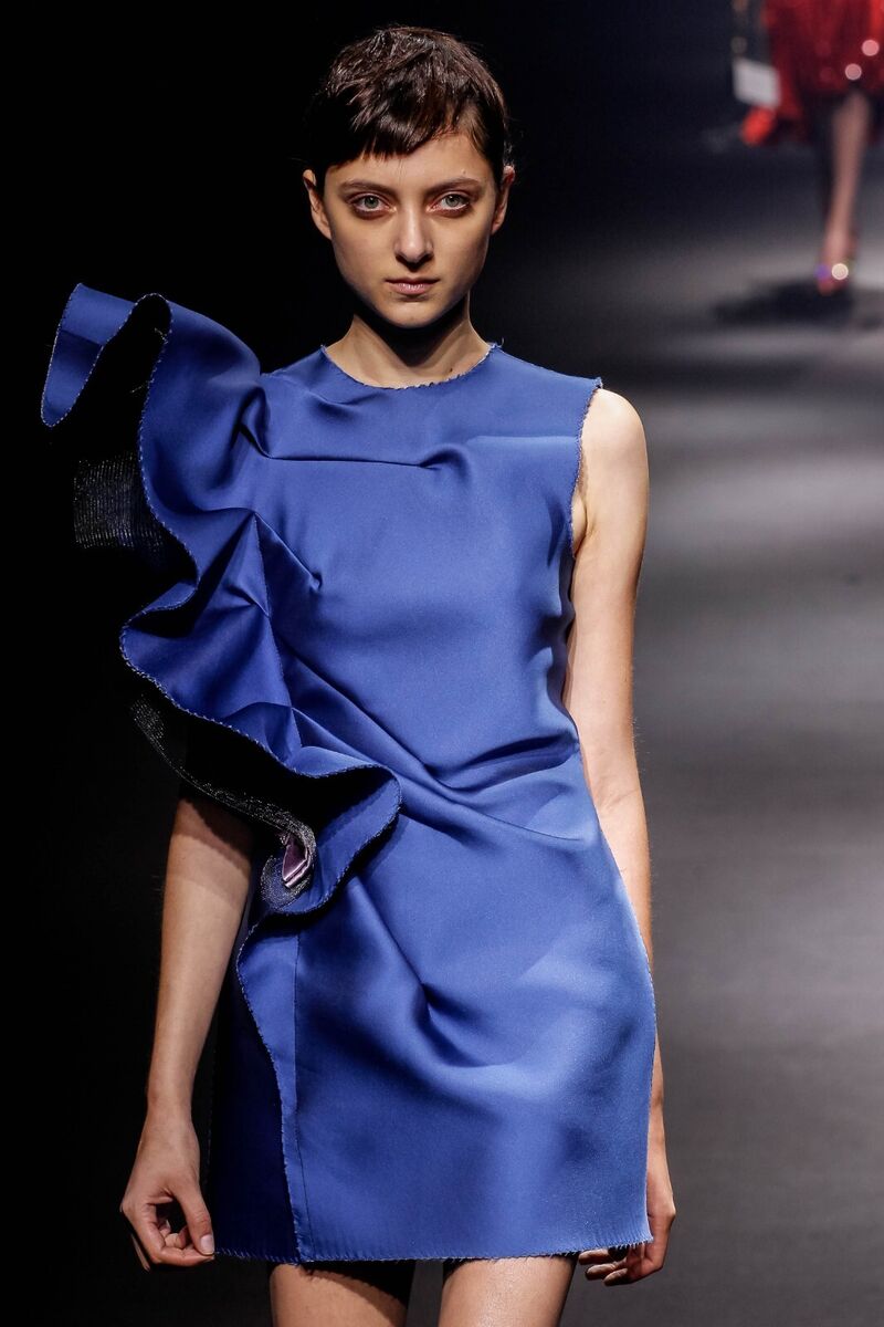 Lanvin $3190 Asymmetrical Shoulder Ruffle Blue Silk Satin Lanvin $3190 Asymmetrical Shoulder Ruffle Blue Silk Satin