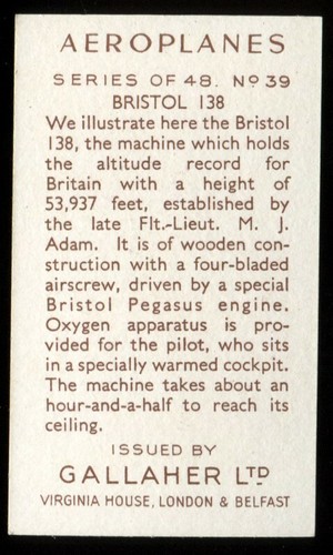 Tobacco Card, Gallaher, AEROPLANES, Aircraft, 1939, Bristol 138, #39 - Picture 2 of 2