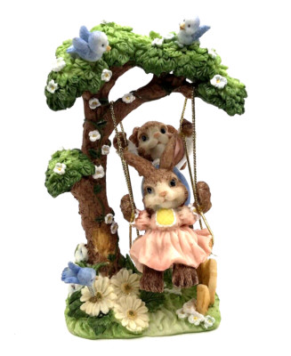 Rabbits Playing On 7  Tall Tree Swing With Birds And Flowers Celebrating Spring