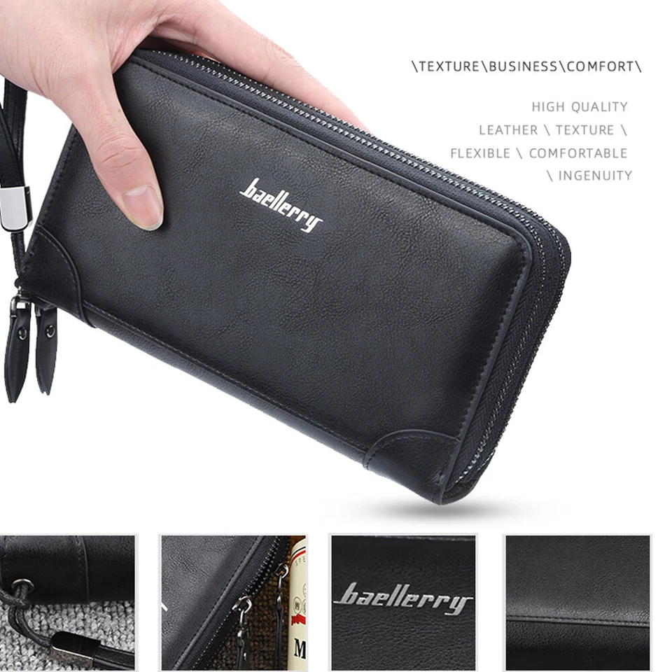 Cartera larga de cuero con cremallera para hombre con múltiples tarjeteros monedero sin asas bolso de mano regalo Foto 3 de 4