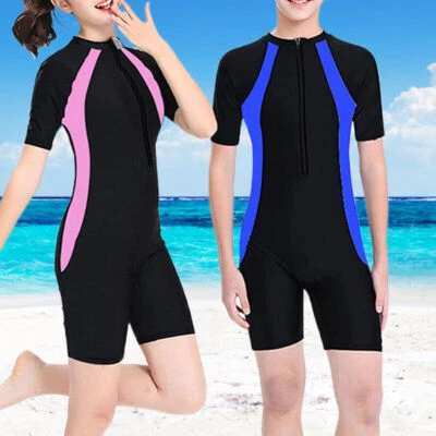 Boys Girls Swimsuit Short Sleeve Diving Suit One Piece Swimming Costume For 7-17