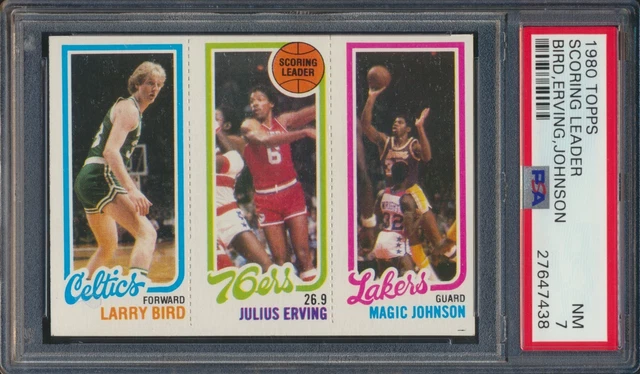 1980 Topps Basketball Scoring Leader Bird RC/DR. J/MAGIC RC PSA 7 NM HOF ROOKIE