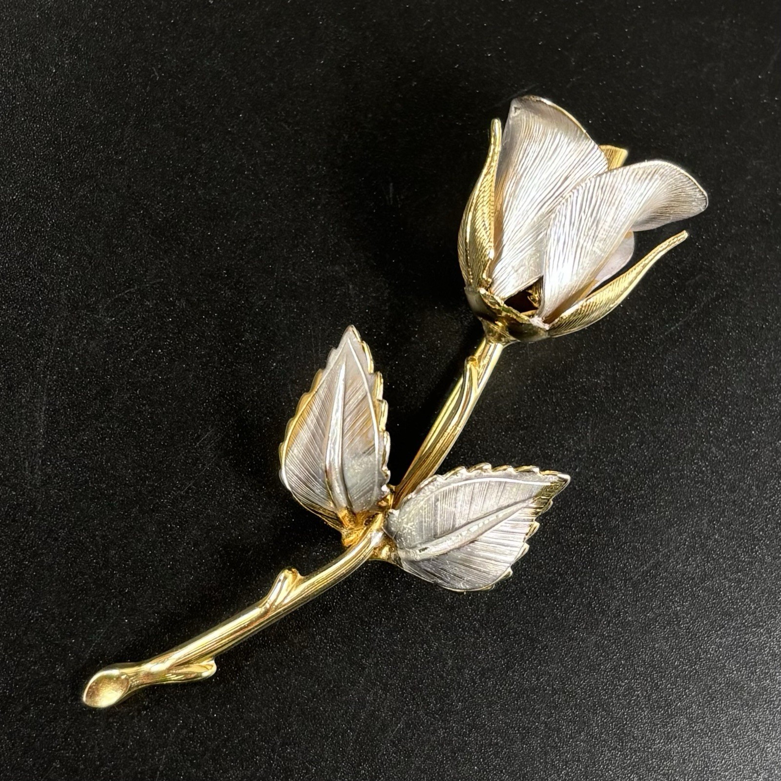 Vintage GIOVANNI Brushed Silver Tone & Gold Tone Rose Brooch Pin Boutonniere 3