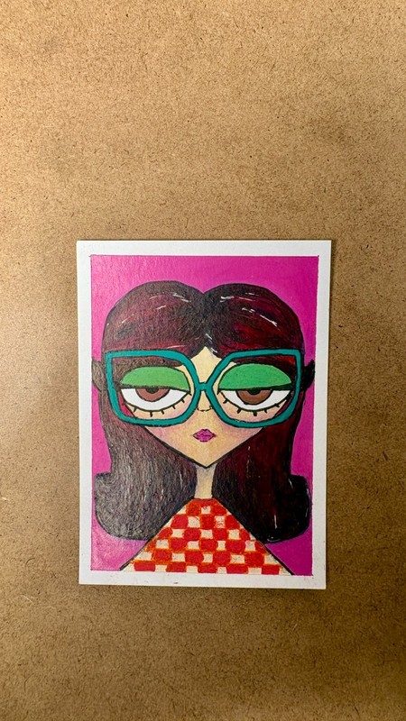 ACEO Original Doodle of a Lady Using Markers Pen 2.5 x 3.5 Signed OOAK #4