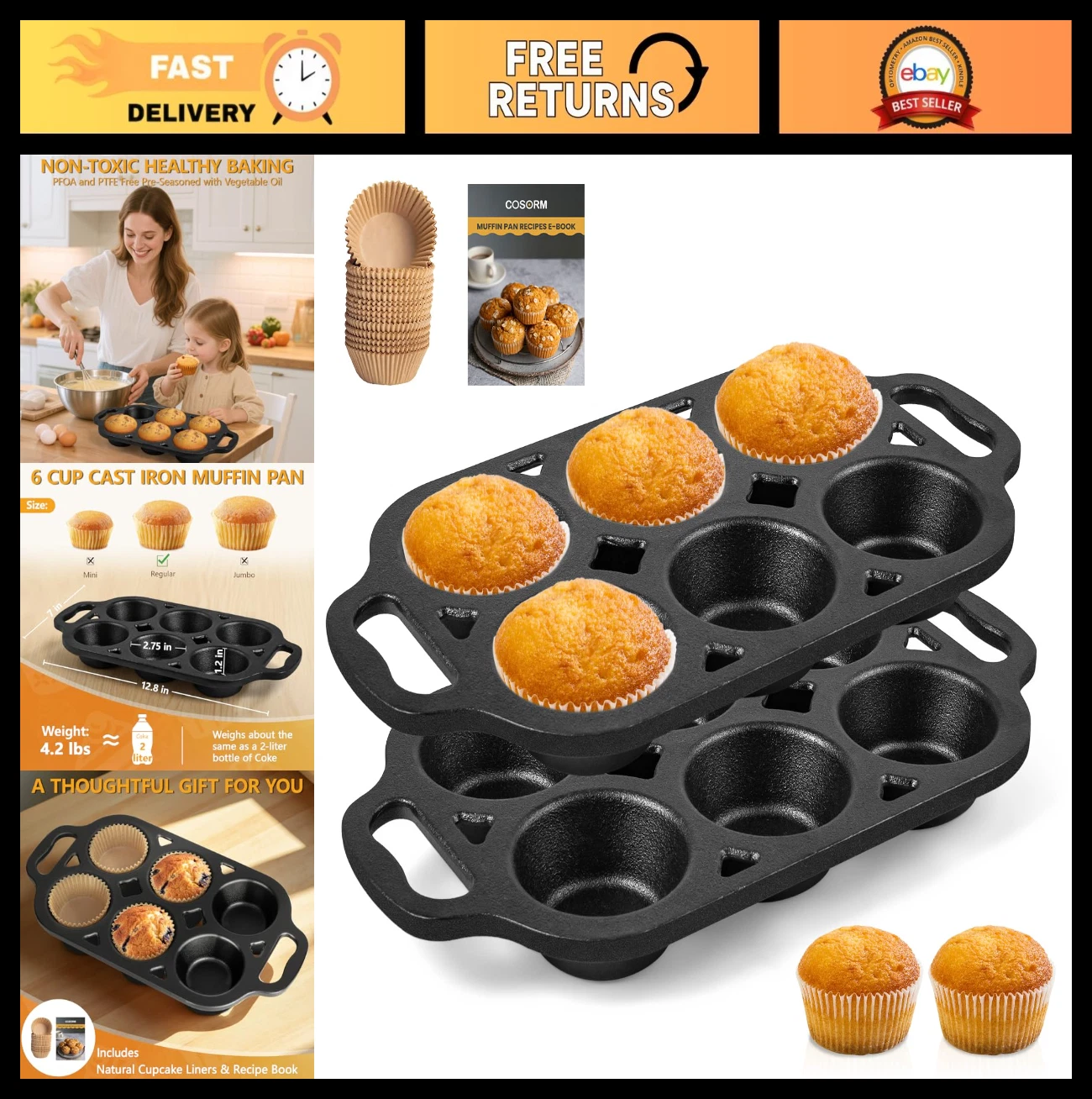Pre-Seasoned Cast Iron Muffin Pan Set - 6-Cup Nonstick Bakeware for Cupcakes