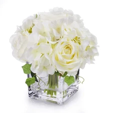 Enova Home Artificial Rose and Hydrangea Silk Flowers Arrangements in Cube Glass