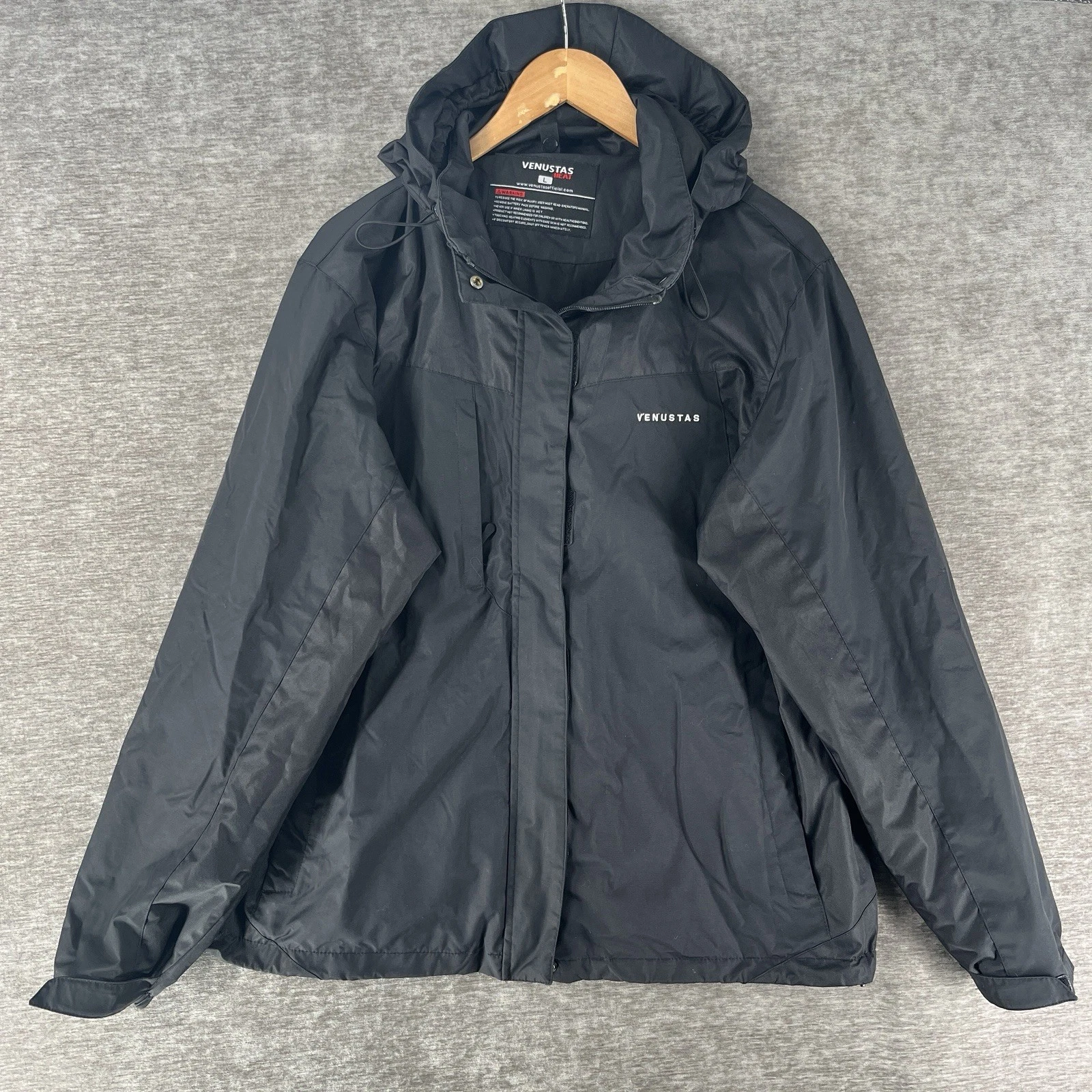 Venustas Men’s Heated Jacket Size L Black Hooded Waterproof Windbreaker