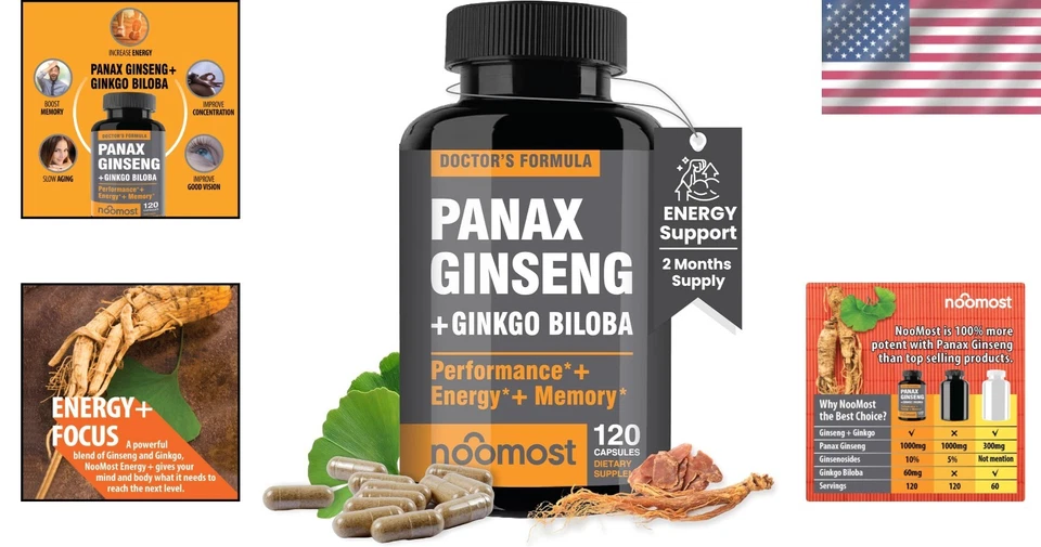 Cápsulas energizantes de ginseng coreano y ginkgo biloba - Mejora el enfoque y la vitalidad Foto 2 de 4