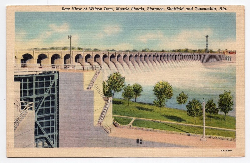 1940s? Linen - East View of Wilson Dam - Muscle Shoals, Alabama