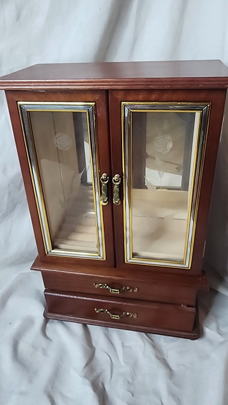Vintage Jewelry Cabinet 15" tall Mahogany finish wood with glass doors Beautiful