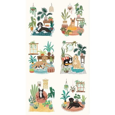 HOMEBODIES DOG and Plant fabric PANEL Clothworks Y4661-2 Mary Urban