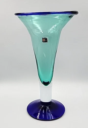 Vintage Blenko Glass #9475LP Footed Trumpet Vase in Antique Green and Cobalt