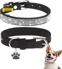 Leather Dog Collars for Small Dogs, Black Rhinestone Dog Collar for Girl Goy Dog