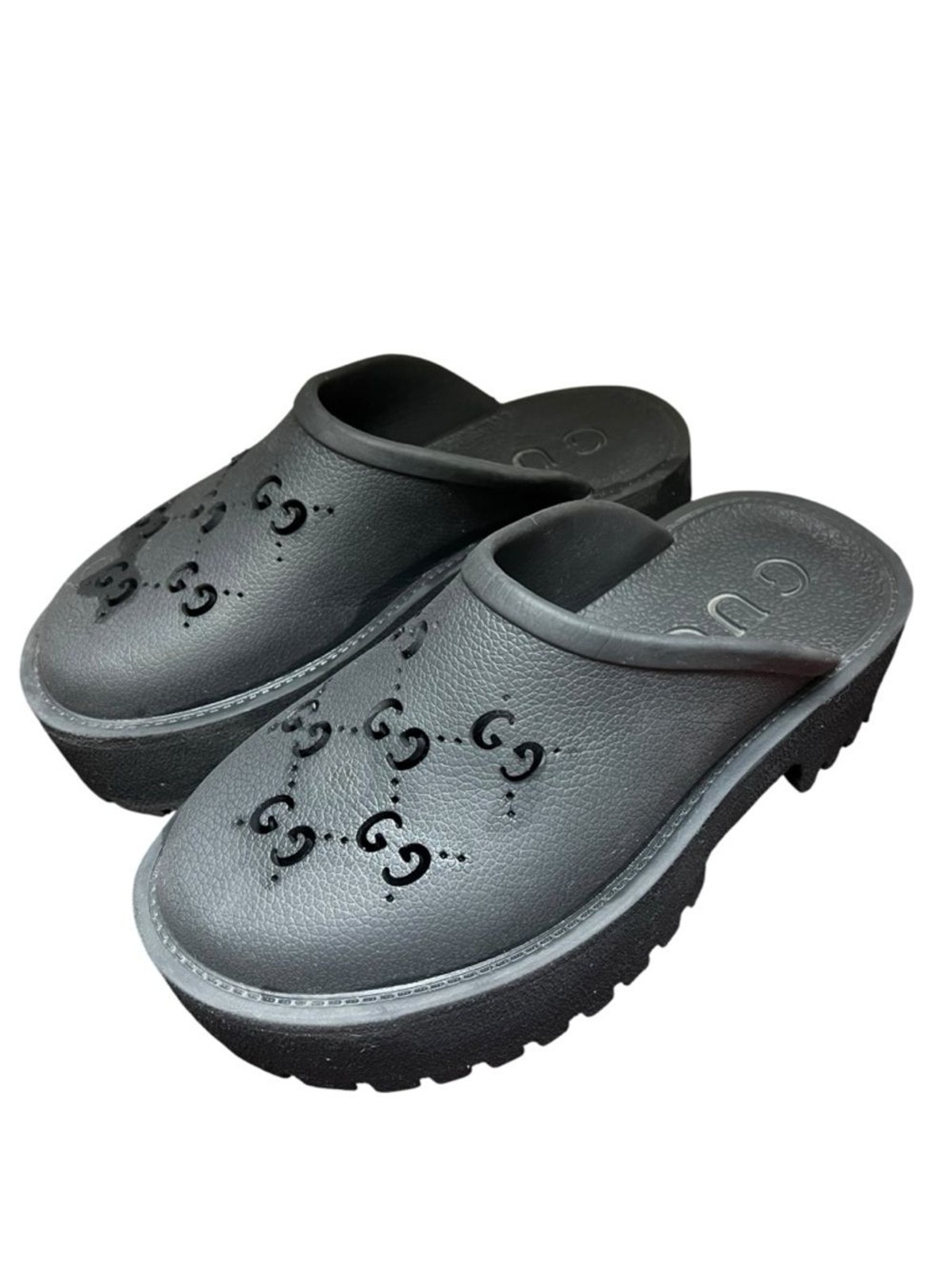 Gucci Elea Platform Clog Mule Black Rubber Perforated GG Logo US 11 EU 41