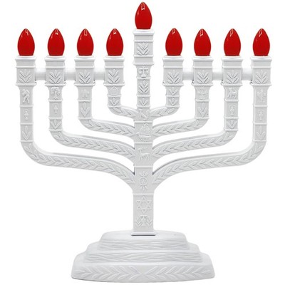 LED Electric Menorah with Orange E12 Bulbs - 12 Tribes Symbols Knesset Style Whi
