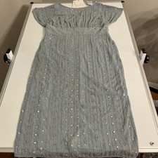 Mac Duggal Slate Blue Beaded Empire Waist Column Midi Cocktail Dress Sz 12