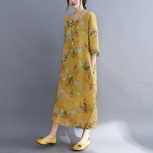 Women Linen Cotton Dress 3/4 Sleeve Ethnic Chinese Ethnic Cheongsam Qipao Retro - Picture 11 of 13