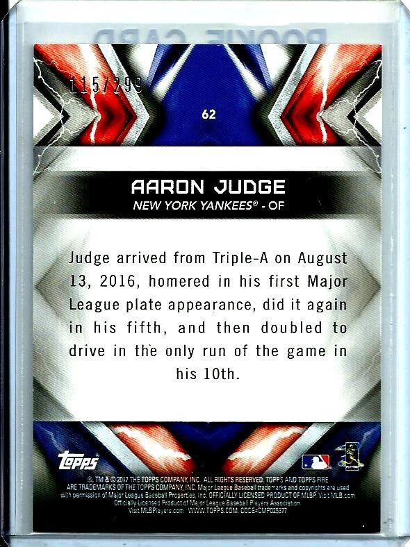 Aaron Judge 2017 Topps Fire Orange # d 115/299 # 62 *Rookie* RC Yankees - Image 2 of 3