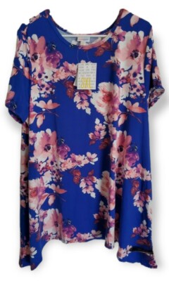 Lularoe Flowers 3XL Melissa Shark Bite Top Pink Floral on Blue 3X NEW HTF!