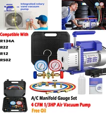 A/C Manifold Gauge Set For R134A R502 R22 R12+4 CFM 1/3HP Air Vacuum Pump W /Oil