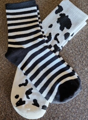 Two (2) Pair ~ 1-Striped Pattern & 1-Cow Print ~ Tight Knit ~ Crew Socks (5)