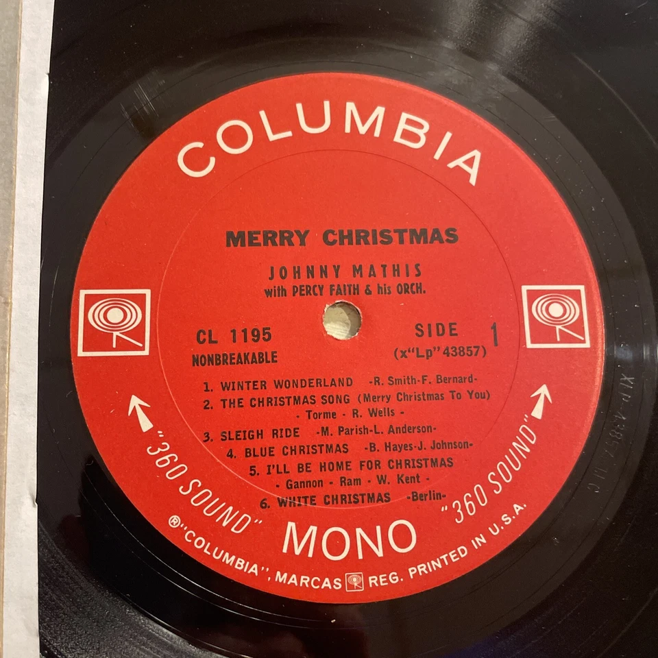Johnny Mathis Merry Christmas LP Columbia 60s 2 Eye Mono PROMO Copy Holiday VG!! - Image 3 of 4