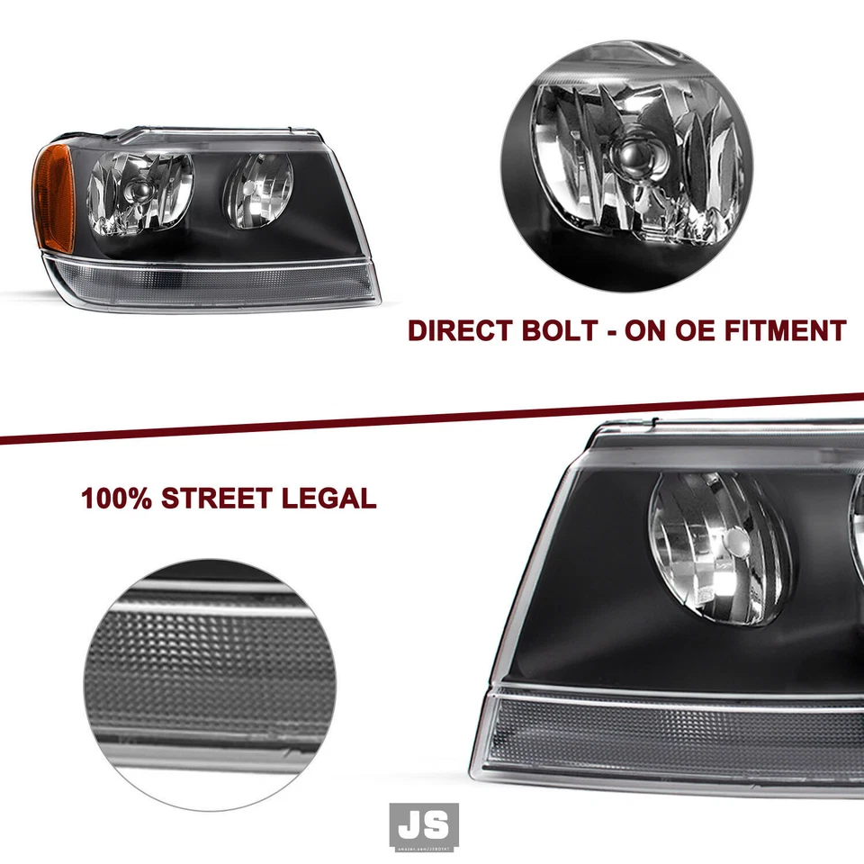For 1999-2004 Jeep Grand Cherokee Black Headlights Lamp Pair Front Left + Right - Image 4 of 4