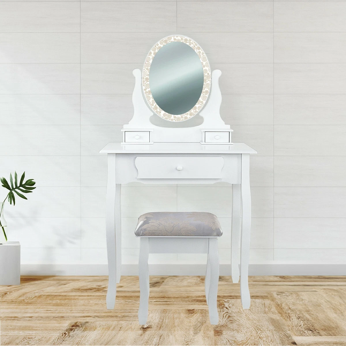 VidaXL Set Toletta E Sgabello Bianco: Tavolo Trucco Con Specchio E 7 Cassetti In Legno Di Pino, Stile Vittoriano