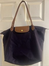 Longchamp Le Pliage Tote Navy Brown Leather Handles Gold Hardware Inner Pockets