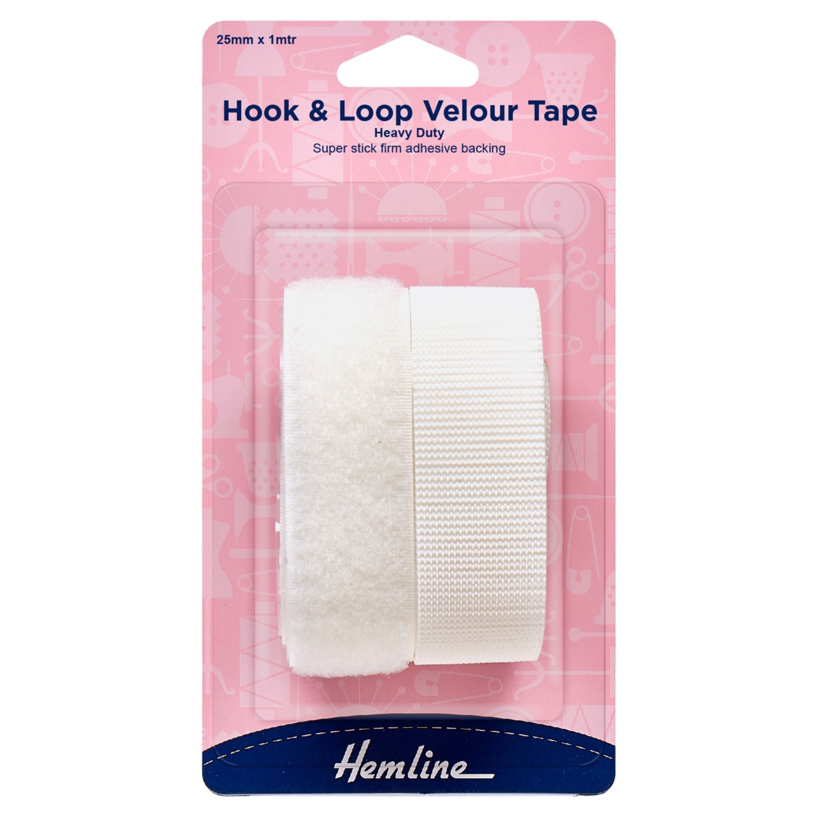 Hemline 1m x 25mm Heavy Duty Hook & Loop Velour Fastening Tape Stick On