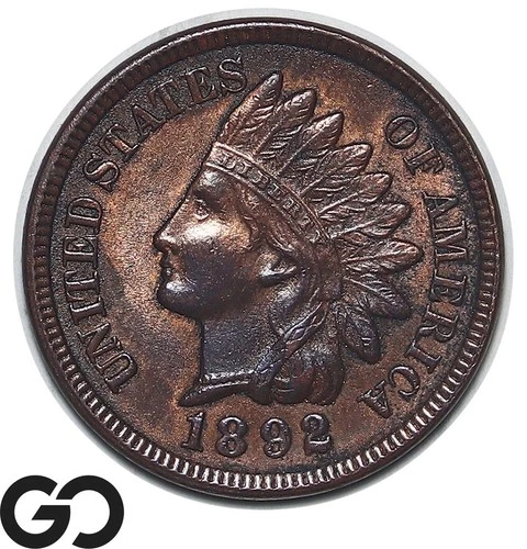 1892 Indian Head Cent Penny, Tougher Date This Nice, Choice BU++ Sharp, Some Red