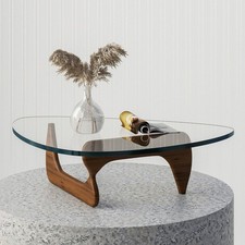 Noguchi Style Coffee Table Triangle Glass Top Premium Solid Hardwood Base Walnut