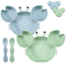 Platos Con Cucharas De Silicona 2 Set Para Bebes Comida 6 Meses Forma Cangrejo