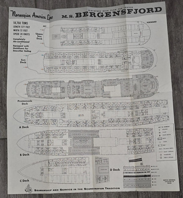 Vintage Norwegian America Line MS Bergensfjord Cruise Ship Deck Plan Brochure