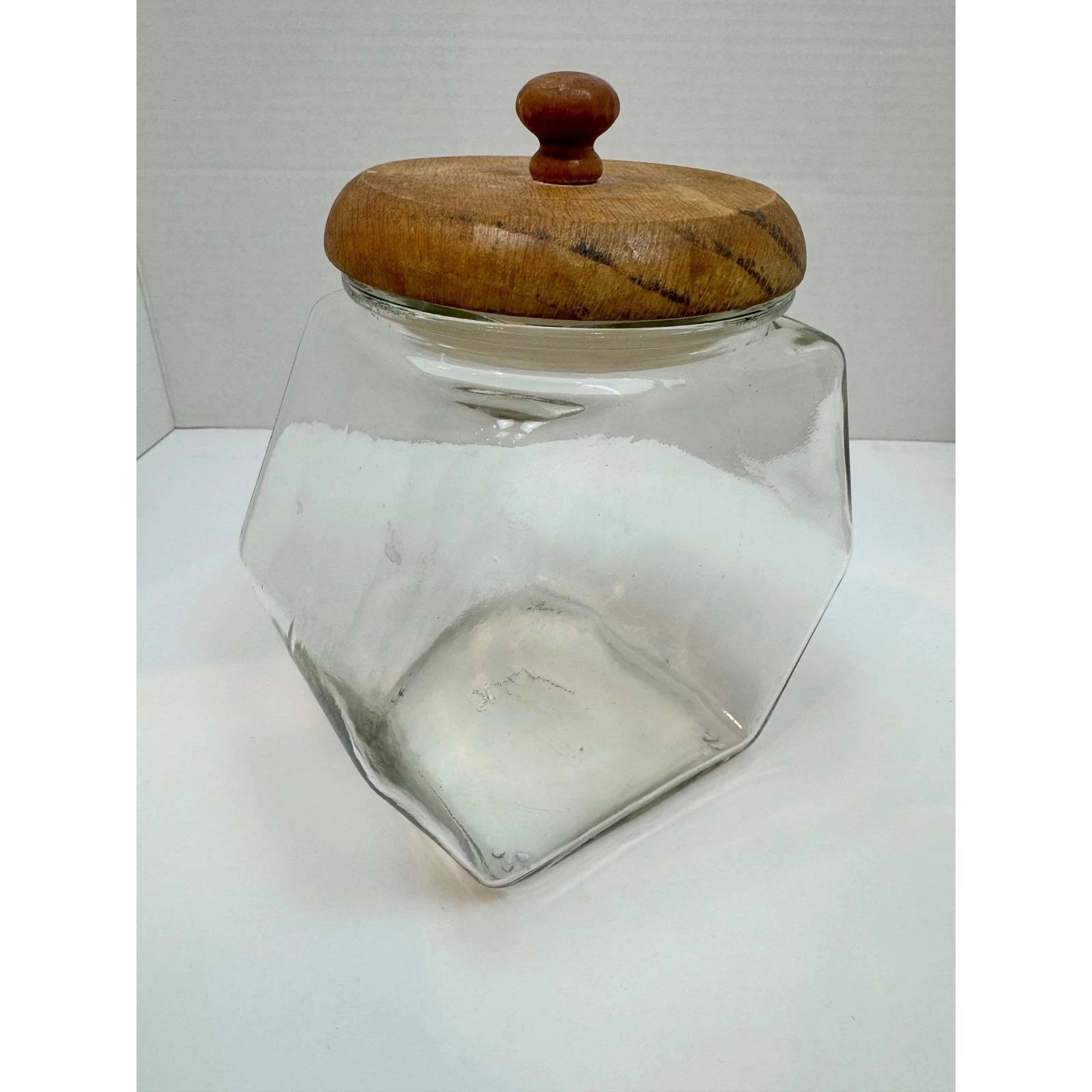 Vintage Sealy Clear Glass Canister Hexagon Jar with Wood Lid and Seal