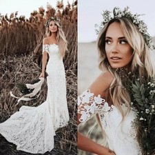 Boho Mermaid Wedding Dresses Sheer Neck Short Sleeves Court Train Bridal Gowns