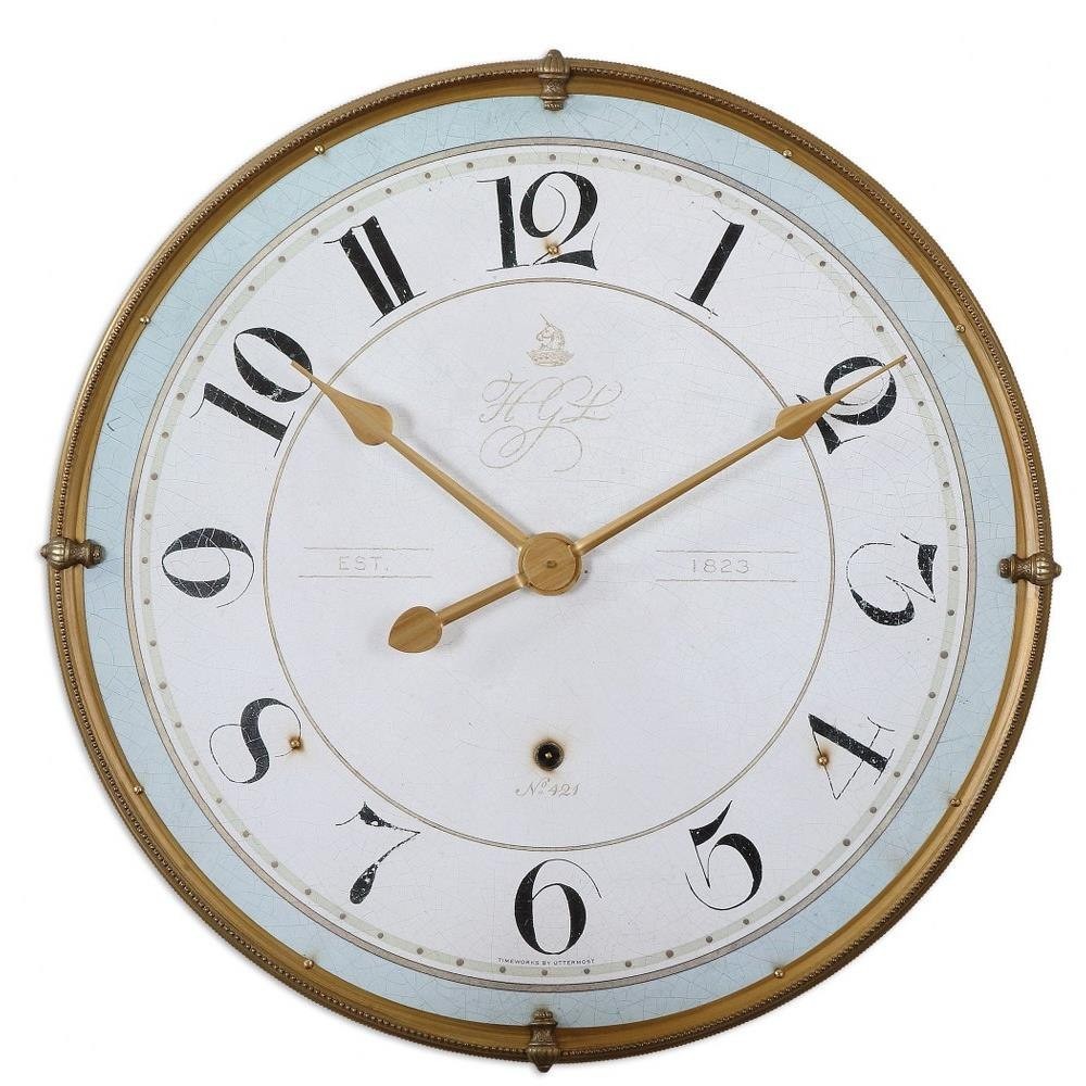 Large Farmhouse Round Wall Clock with Antiqued Gold Metal Frame and Antiqued