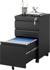 Rolling File Cabinet with Lock, 3 Drawers on Wheels for Home Office, Black Metal