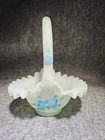 Fenton Light Blue Satin Glass Basket Hand Painted Blue Roses SIGNED 8” X 6”