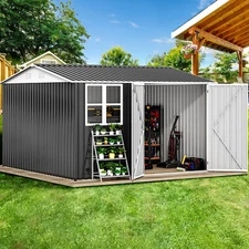 10x10ft Metal Outdoor Storage Shed with Window, Lockable Tool Storage Sheds