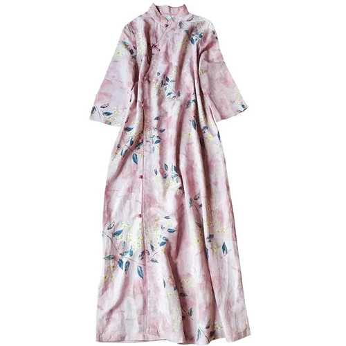 Women Floral Printed A-line Qipao Dress Chinese Style Ethnic Cheongsam Dress - Picture 2 of 14
